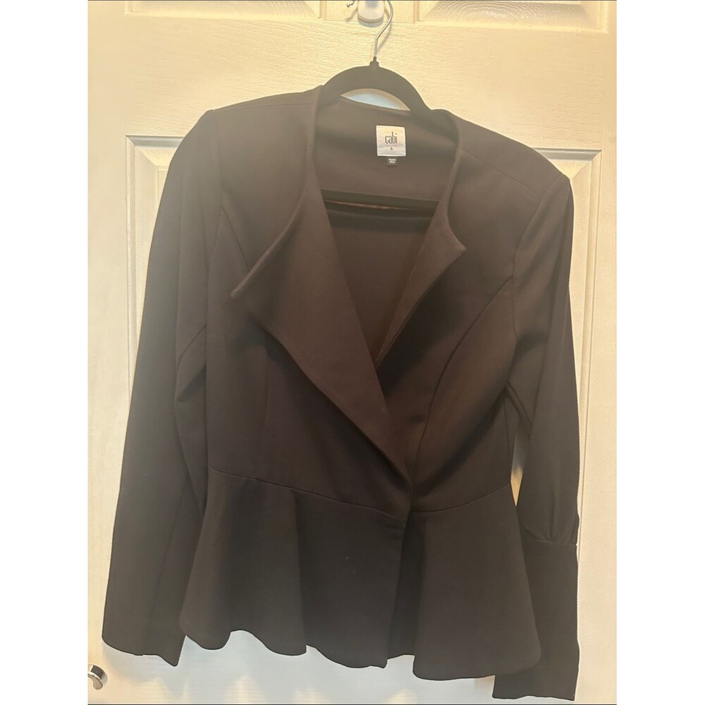 CAbi Black Peplum Knit Suit Jacket Asymmetrical Collar Wrinkle Resistant Size 6